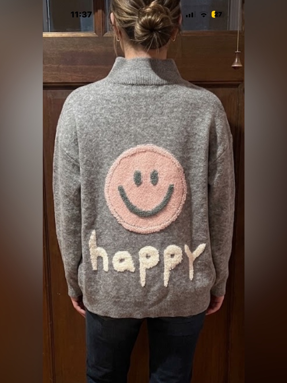 Vintage Havana Gray 1/4 zip Sweater with Pink Smiley Patch.  NWT